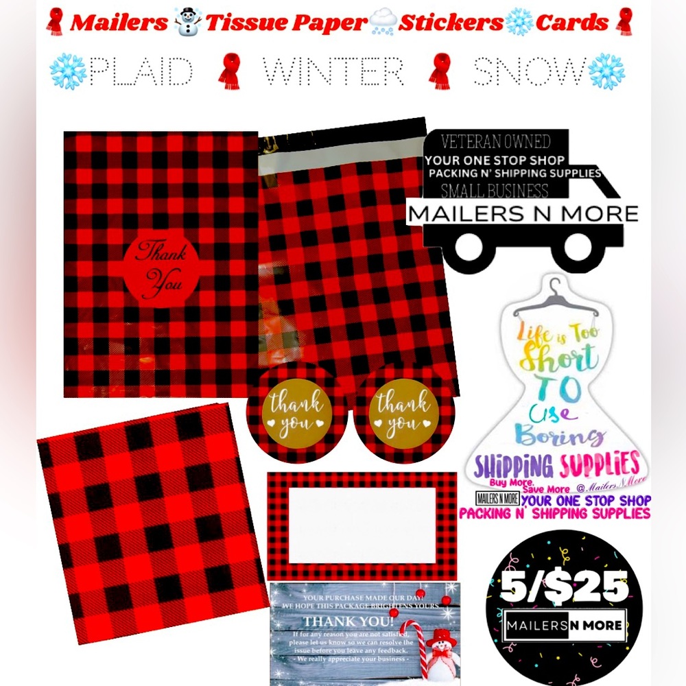Mailers tissue paper stickers cards - buffalo plaid shipping coordinated set - Picture 1 of 1